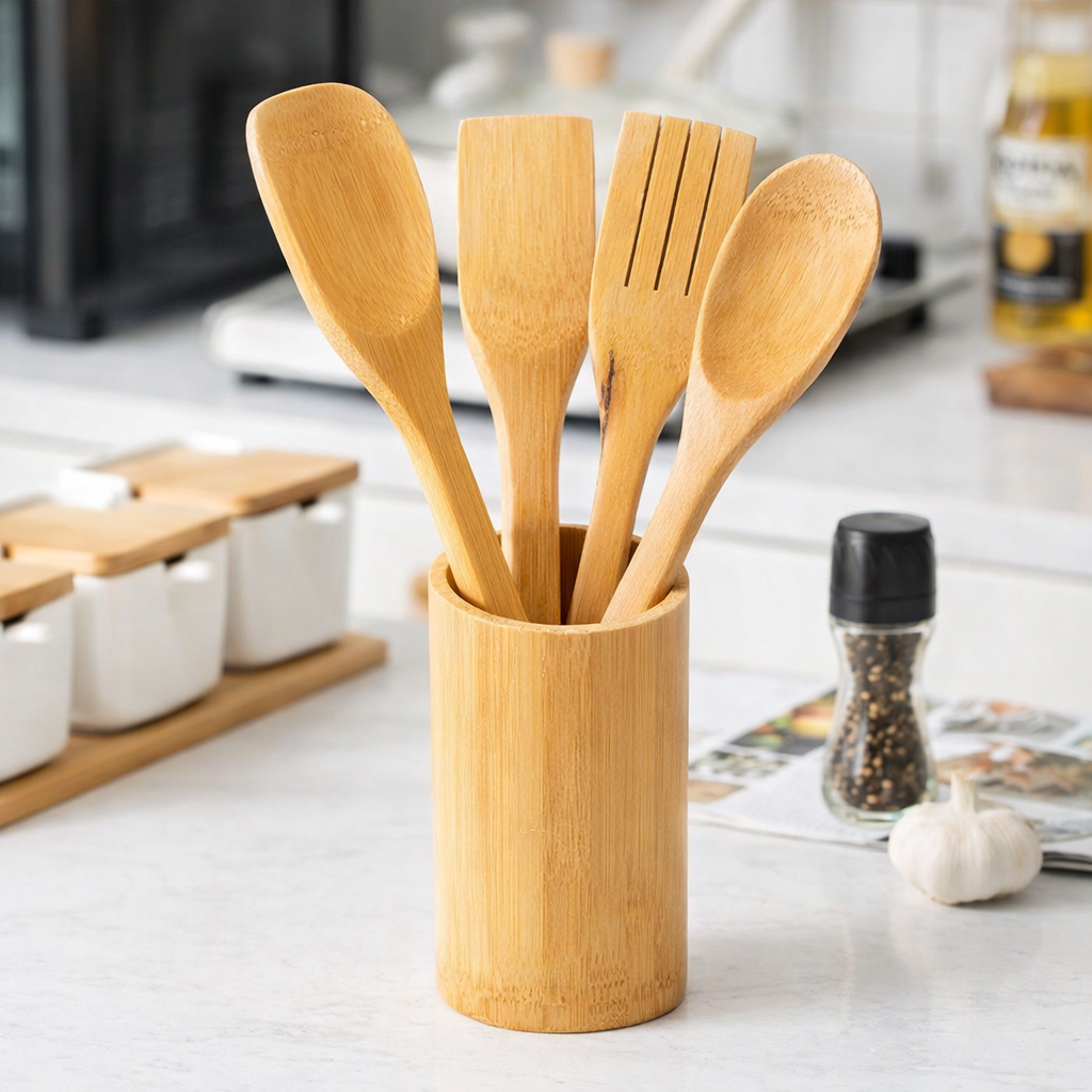Kit 5 Utensílios de Madeira Bambu